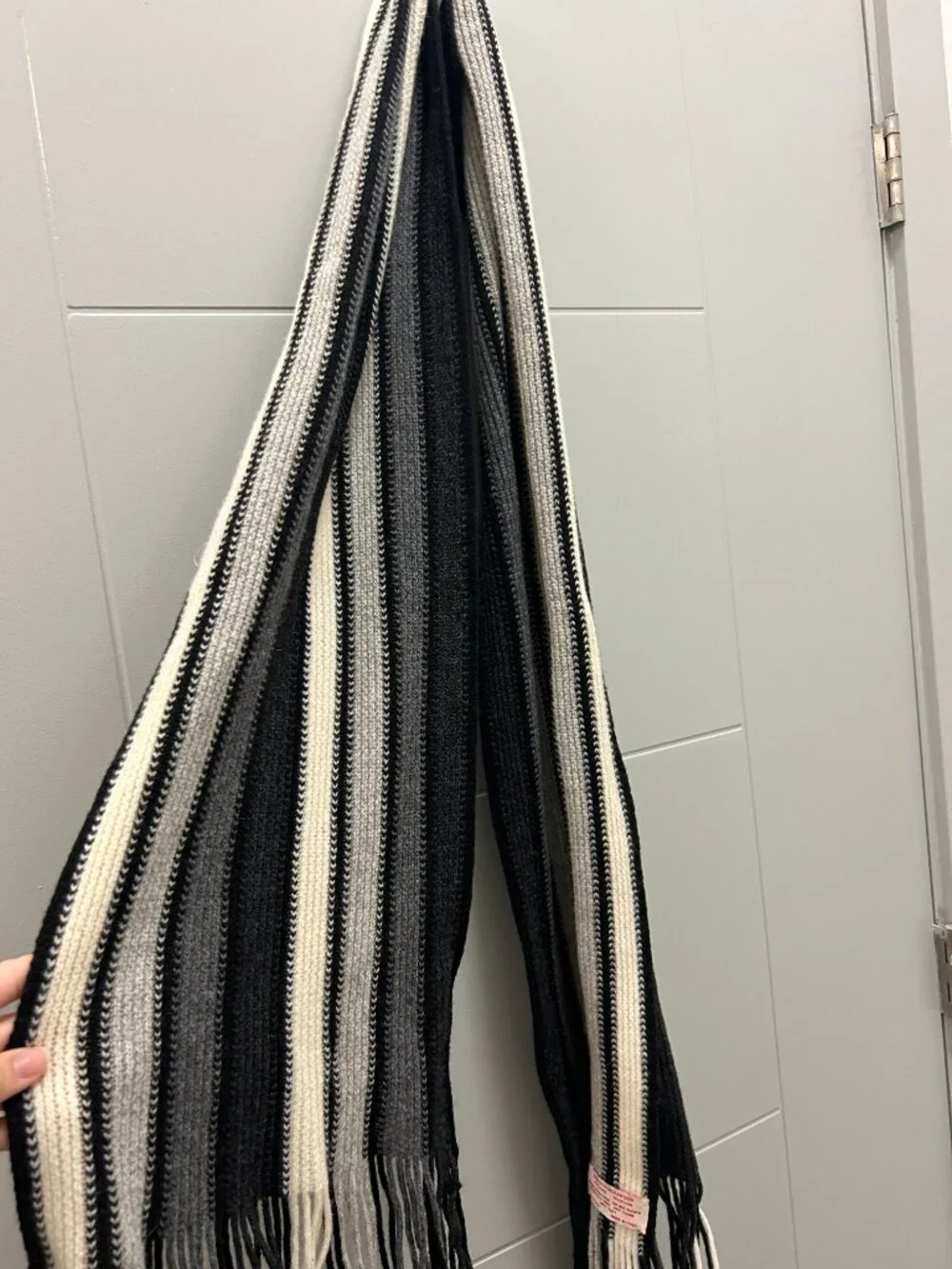 Nardi & Tagliaferri Wool Scarf Fringe Black Cream Striped Made in Italy 10